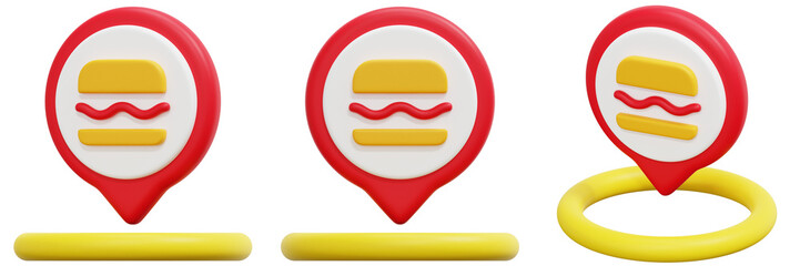 Set of 3D Red and Yellow Burger Location Markers with Yellow Base 3d Render Icon Illustration