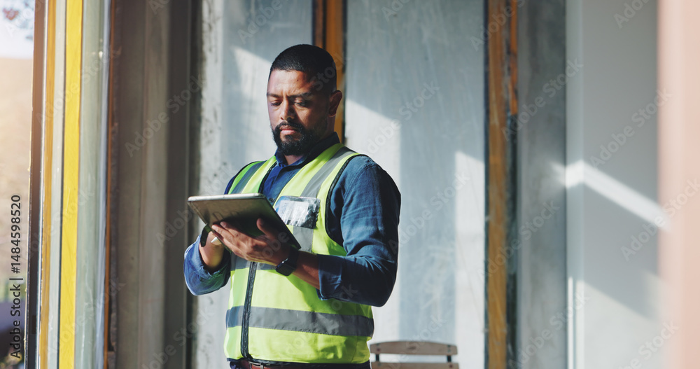 Leinwandbilder building, development and tablet with construction worker man on site for civil engineering or inspe