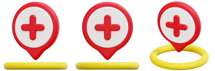 Set of 3D Red Plus Sign Location Markers with Yellow Rings 3d Render Icon Illustration