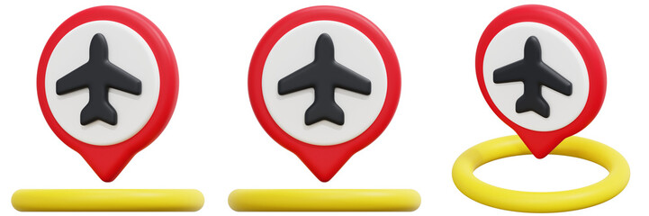 Set of Red And White Airplane Location Pins With Yellow Rings 3d Render Icon Illustration