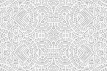 Geometric white background, tribal cover design, ethnic banner. Openwork 3D pattern, boho style. Relief ornaments, arabesques, mandala. Motifs of the East, Asia, India, Mexico, Aztec, Peru.