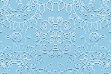 Geometric blue background, tribal cover design, ethnic banner. Lace 3D pattern, boho style. Relief ornaments, arabesques, mandala. Motifs of the East, Asia, India, Mexico, Aztec, Peru.