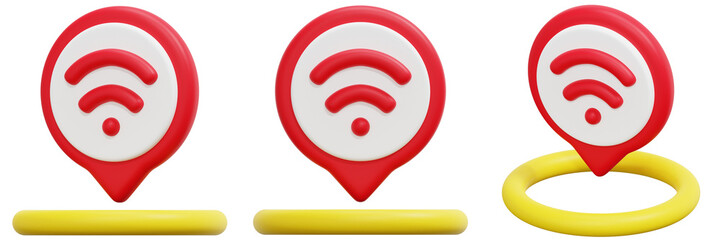 Set of Red Wifi Location Pins with Yellow Rings 3d Render Icon Illustration