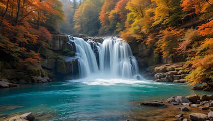 Beautiful Waterfall Flowing with Turquoise Water in Colorful Autumn Forest during Fall Season Showcasing Nature’s Stunning Beauty