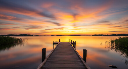 Fototapeta premium Serene Sunset Over Water Wooden Pier Extends into Calm Lake