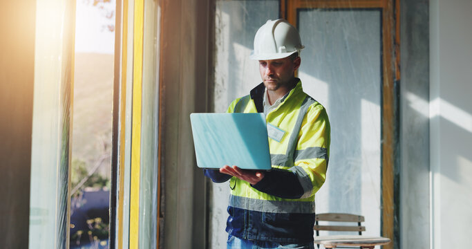 Man, laptop and contractor for inspection of construction, industrial planning and building renovation of development. Engineer, architect and project management with maintenance for infrastructure