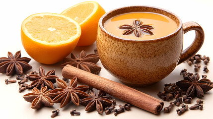 Fototapeta premium Cup of beverage with orange slices star anise and cinnamon stick