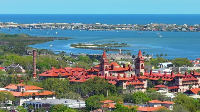 Aerial view of Flagler College campus in St. Augustine, Florida. American city historical architecture. USA panoramic cityscape.