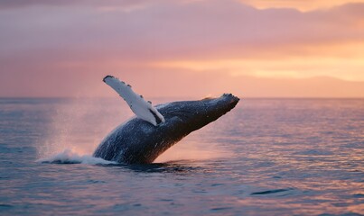 Fototapeta premium At sunset, the magnificent whale's plume rises above the ocean's surface, its water droplets illuminated by the sunlight. Generative AI