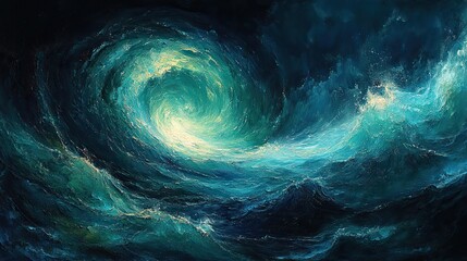 Abstract swirling patterns in cool blues and greens, creating a sense of tranquility and connection to water and nature