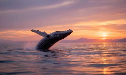 Obraz premium At sunset, the magnificent whale's plume rises above the ocean's surface, its water droplets illuminated by the sunlight. Generative AI