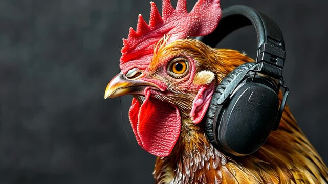 chicken in headphones enjoying music