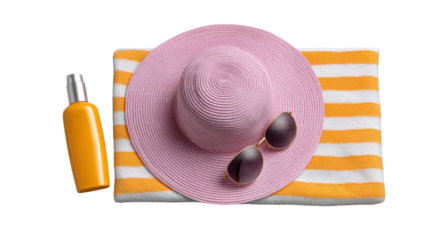 Vibrant summer beach scene featuring a pink sun hat stylish sunglasses and a yellow and white striped towel with a bottle of sunscreen set against a serene backdrop of sand and the calm ocean horizon