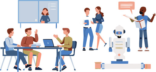 Digital Collaboration: Modern workplace with diverse scenes, depicting teamwork, a smart robot, education, and a lively work environment, suggesting progress and innovation