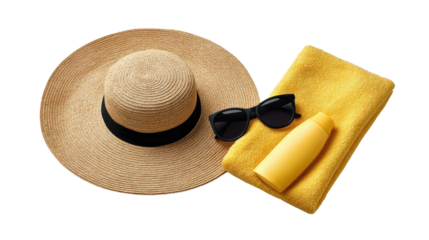 Stylish straw hat and sunglasses perfect for enjoying a relaxing day at the beach during a summer vacation