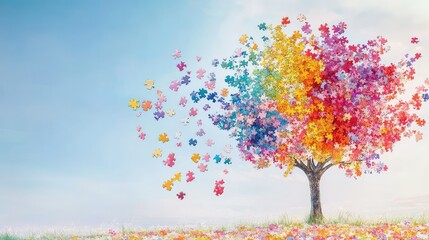 Fototapeta premium A tree grows from scattered puzzle pieces, with each branch made of different vibrant colors