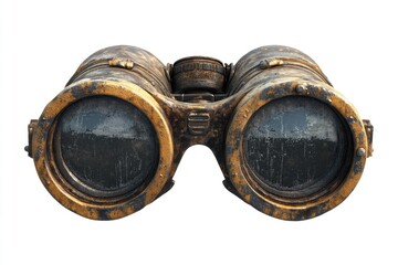 Rusty antique binoculars, showing signs of age and weathering.  The lenses are obscured by grime and condensation.  Metal casing is tarnished and textured
