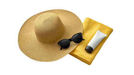 A straw sunhat a pair of stylish sunglasses and a tube of sunscreen against a plain white background representing essential summer beach accessories