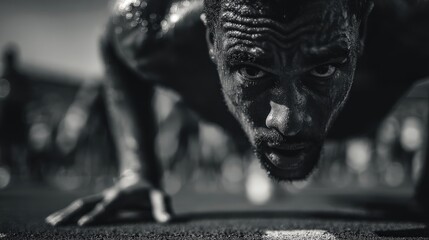 Determination on the Track: A close-up, monochrome shot of a determined athlete poised for action. Their gaze is fixed, muscles tense, showcasing peak performance in a moment of intense focus.