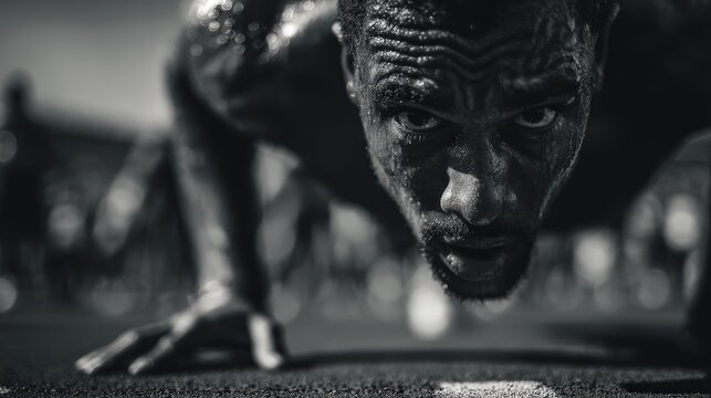 Determination on the Track: A close-up, monochrome shot of a determined athlete poised for action. Their gaze is fixed, muscles tense, showcasing peak performance in a moment of intense focus.