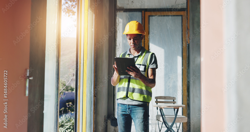 Aufkleber building, planning and tablet with construction worker man on site for civil engineering or developm
