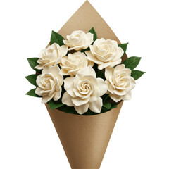 Creamy roses bouquet wrapped in brown paper, against a black background with green leaves