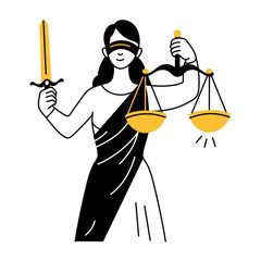 A hand drawn illustration showing lady justice 

