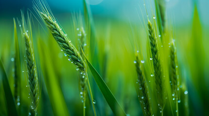 Obraz premium Close-up view of dew-kissed wheat spikes glistening in the early morning sunlight in a lush field