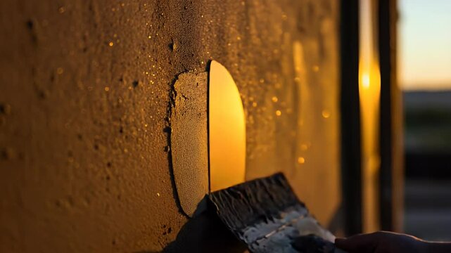 A person applying plaster to a circular patch on a wall during sunset, with warm light illuminating the scene