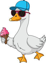 Cute Duck Eating Ice Cream Wearing Sunglasses And Hat Summer Vector