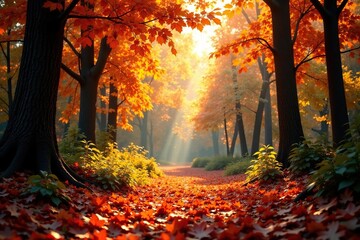 Autumn leaves cascade down a vibrant forest scene, sunlight filtering through the canopy , organic, seasonal