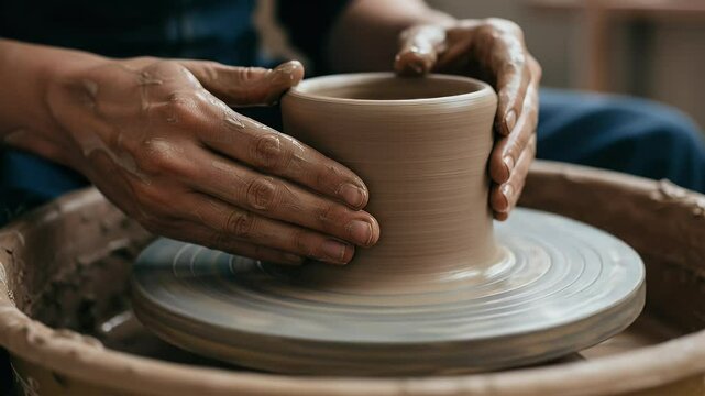 A potter skillfully shaping a clay vessel on a spinning wheel in a serene studio, with tools and pottery in the background