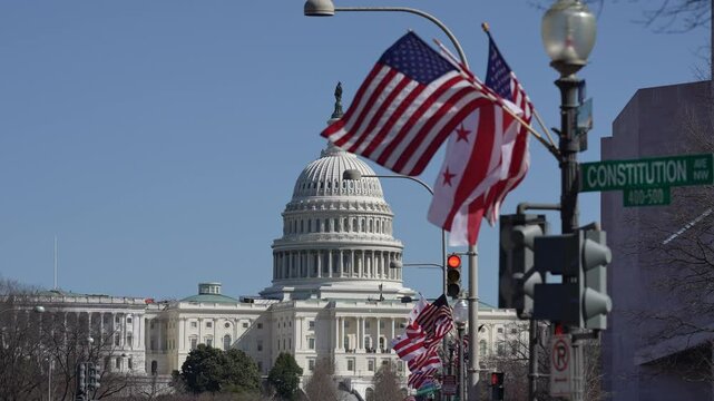 Video intro for voting and elections in the USA. American construction flag. Capitol congress Washington DC. Capital of USA. Citizenship government. America concept. Flying flag. Patriotic symbol US.