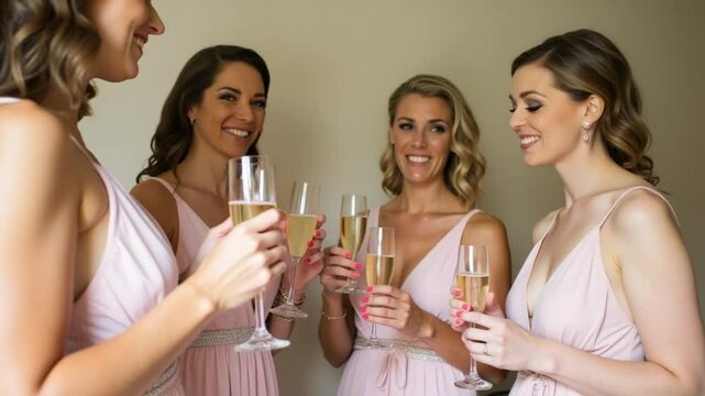 The bride and bridesmaids start the wedding morning with champagne. Preparation for the wedding of the bride and her friends