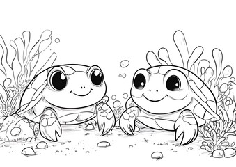 Two cute turtles in an underwater scene