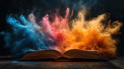 Multicolored dust swirls as thick book opens, revealing vibrant imagination in a dynamic moment