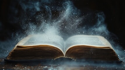 A thick book lies open as the wind stirs, sending silver dust soaring into the air against a dark backdrop, creating a magical and mysterious atmosphere.