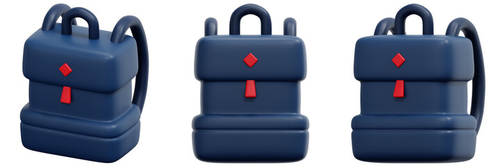 Set of Dark Blue Backpacks with Red Detail 3d Render Icon Illustration