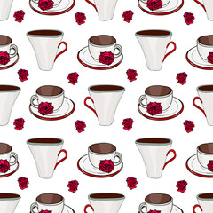 Seamless vector pattern with tea and coffee cups decorated with red roses on a white background