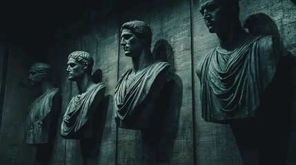 Obraz premium Ancient Roman busts, arranged in a dark, stone gallery.