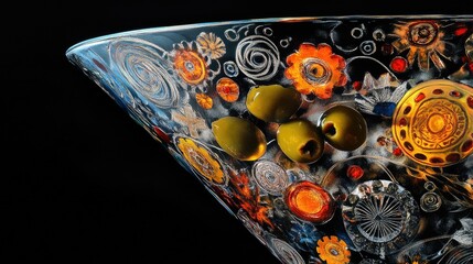 A classic martini in a sleek, inverted conical glass, featuring three green olives on a cocktail pick.