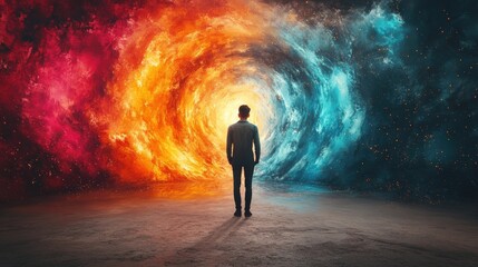 A figure stands at a swirling vortex of fiery and icy forces.  Vast energy