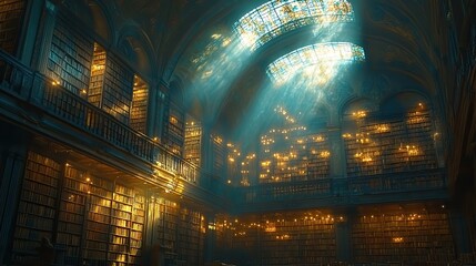 An ancient library with towering shelves filled with countless books, illuminated by shafts of sunlight streaming through arched windows, creating an atmosphere of quiet contemplation
