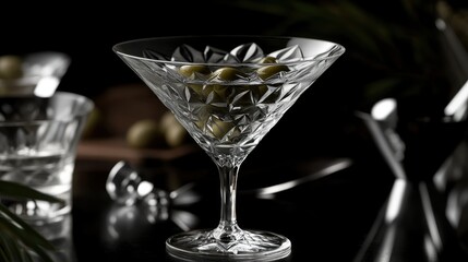 A close-up of a martini glass filled with clear liquid, featuring three green olives garnished with a toothpick.