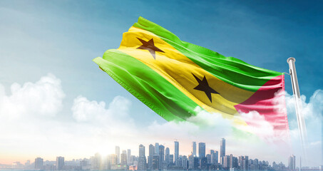 Sao Tome and Principe national flag waving with skyline and buildings. Sao Tome and Principe...