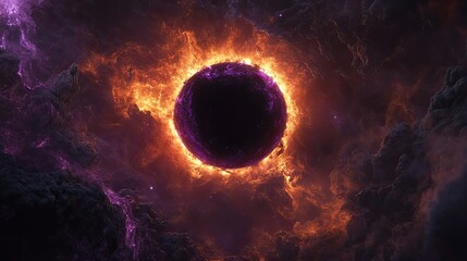 A dramatic solar eclipse is depicted, with a solid black silhouette of the moon perfectly aligned in front of the sun.