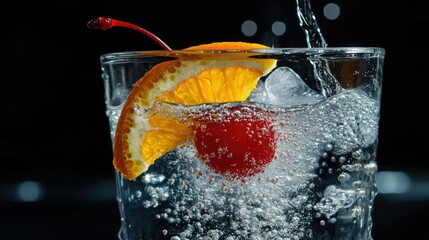 A glass filled with a vibrant red beverage, featuring ice cubes and garnished with an orange slice and a maraschino cherry.