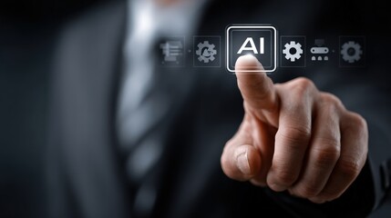 AI Interface Interaction: A man's finger poised to interact with a virtual AI interface, suggesting the power of artificial intelligence and technological advancement.