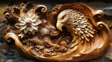An intricate carving made from a single piece of wood, depicting a scene of mythical creatures and swirling patterns