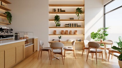 Obraz premium Cozy Modern Coffee Shop Interior with Scandinavian Design and Warm Natural Lighting